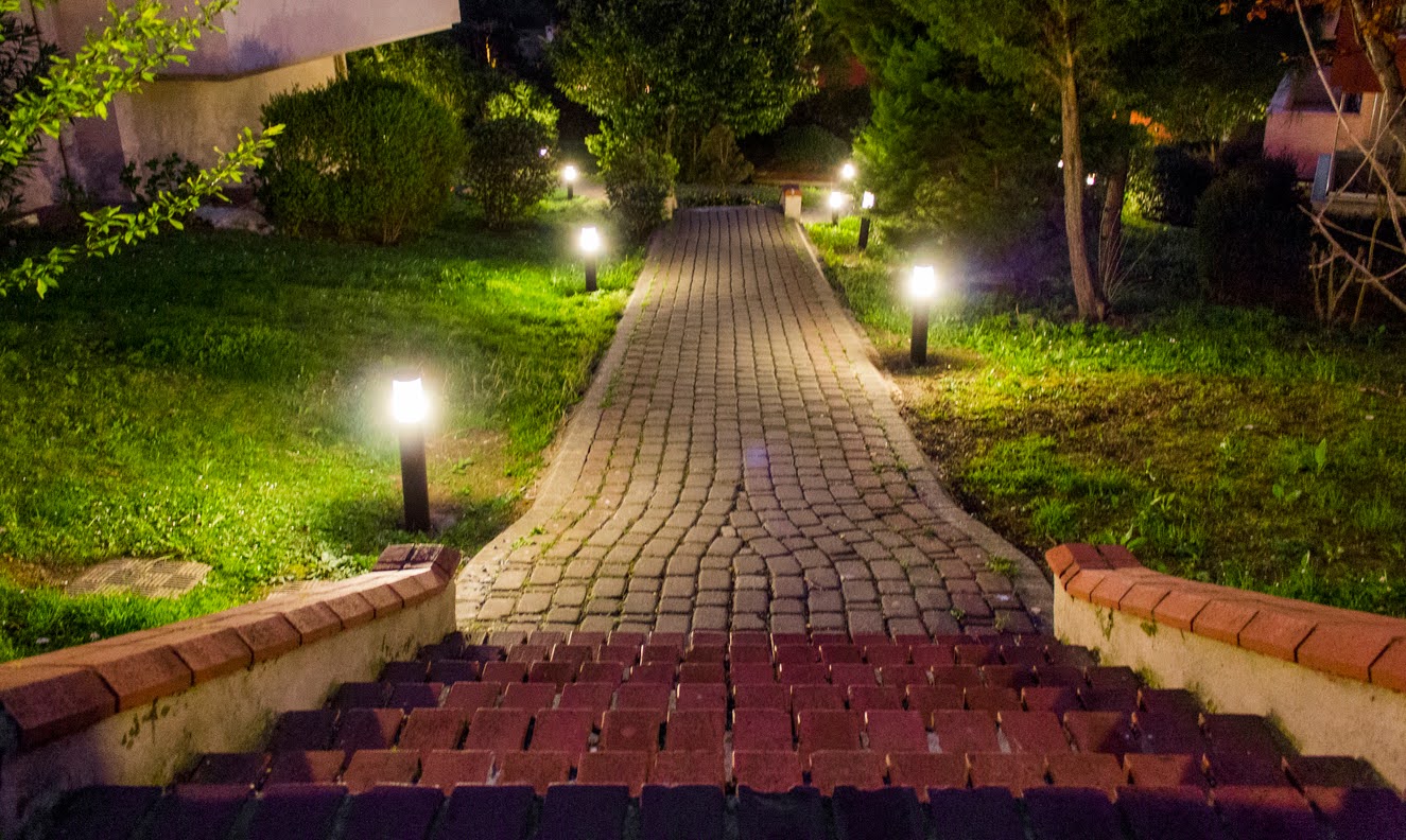 Houses and garden in the city at midnight.